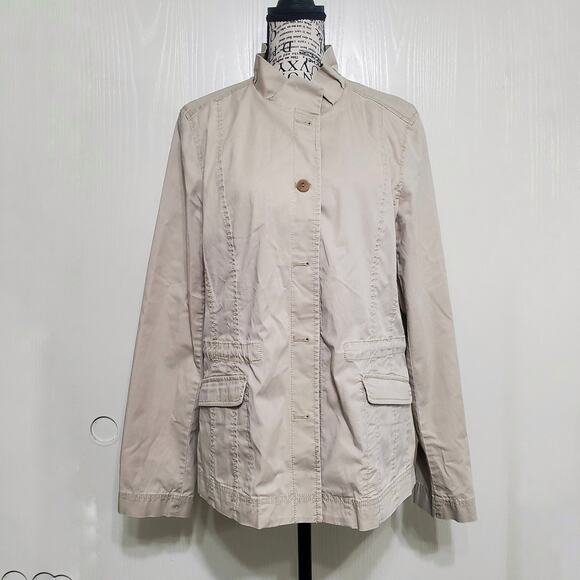 Eileen Fisher Lightweight Jacket Ruffle Collar Tan Field Jacket Stretch Medium - Picture 2 of 13